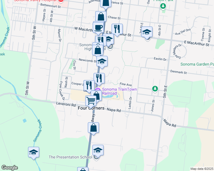 map of restaurants, bars, coffee shops, grocery stores, and more near 1250 Broadway in Sonoma
