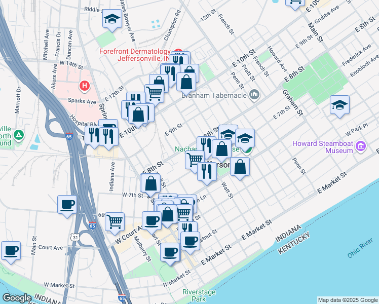 map of restaurants, bars, coffee shops, grocery stores, and more near 407 Francis Court in Jeffersonville