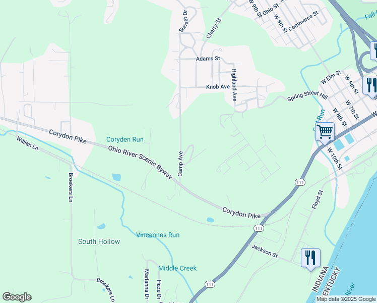 map of restaurants, bars, coffee shops, grocery stores, and more near 216 Shady Drive in New Albany