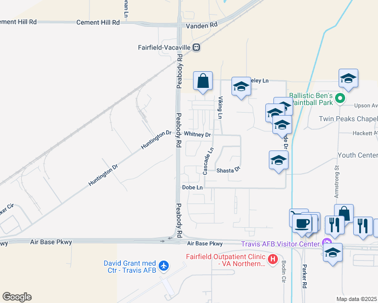 map of restaurants, bars, coffee shops, grocery stores, and more near 2917 Cascade Circle in Fairfield