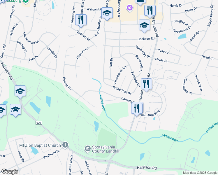 map of restaurants, bars, coffee shops, grocery stores, and more near 11710 Rutherford Drive in Fredericksburg