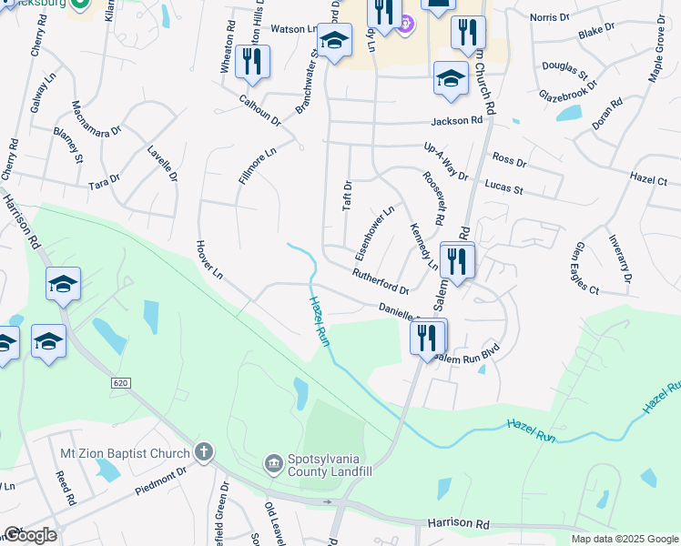 map of restaurants, bars, coffee shops, grocery stores, and more near 11710 Rutherford Drive in Fredericksburg