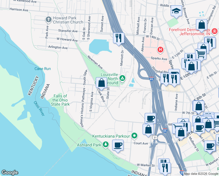 map of restaurants, bars, coffee shops, grocery stores, and more near 300 East Montgomery Avenue in Clarksville