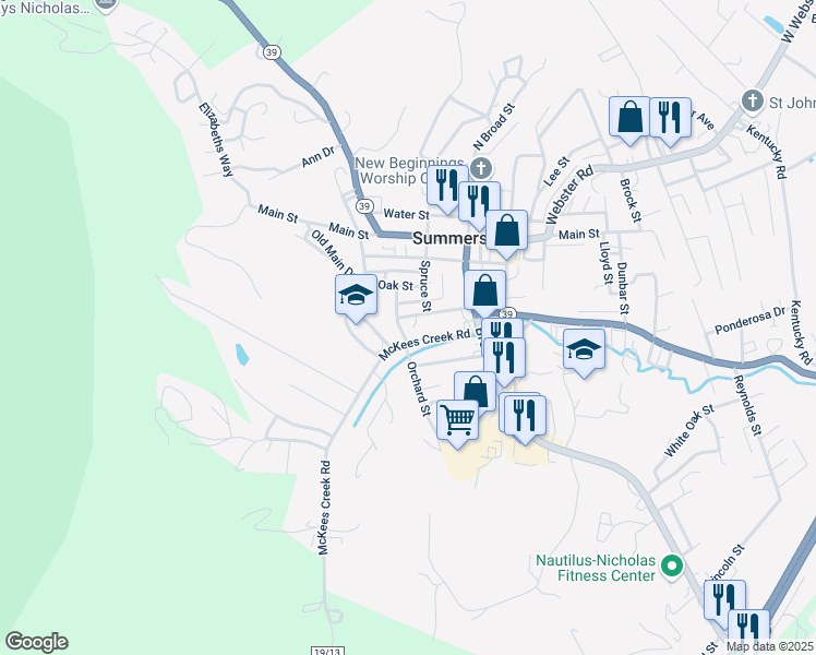 map of restaurants, bars, coffee shops, grocery stores, and more near 149 Daisy Lane in Summersville
