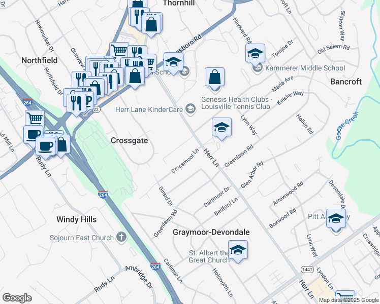 map of restaurants, bars, coffee shops, grocery stores, and more near 6827 Crossmoor Lane in Louisville