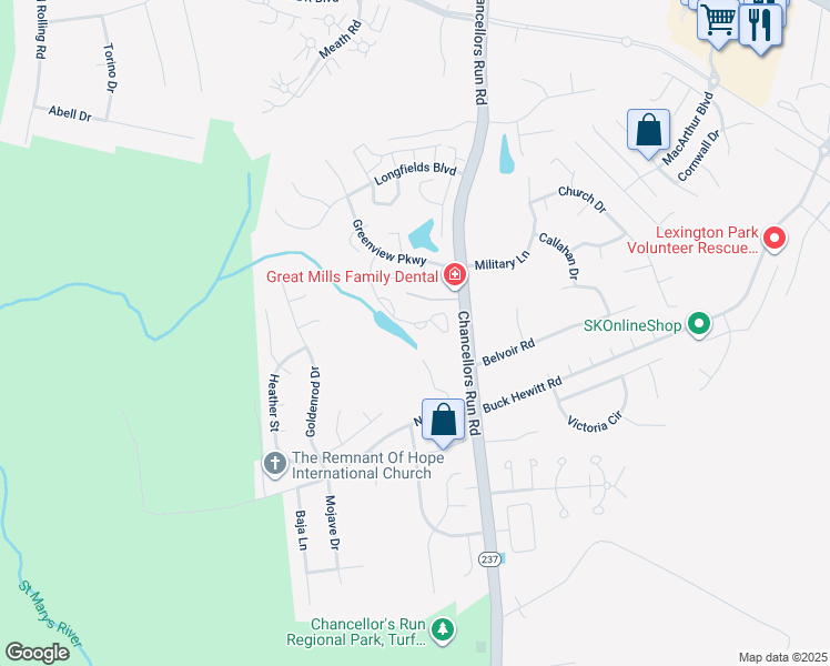 map of restaurants, bars, coffee shops, grocery stores, and more near 45633 Reservoir Way in Great Mills