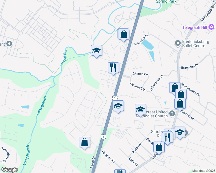map of restaurants, bars, coffee shops, grocery stores, and more near 2501 Terra Cotta Lane in Fredericksburg