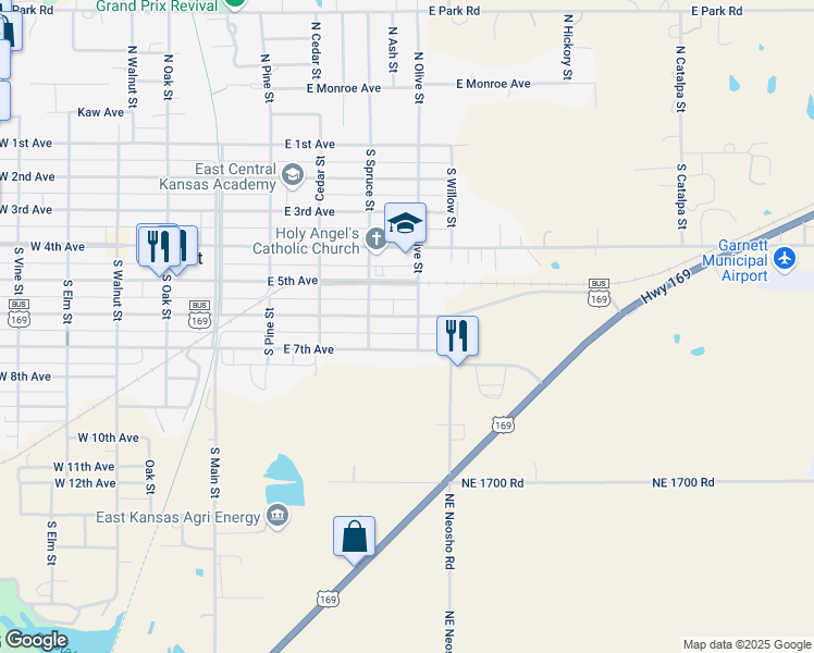 map of restaurants, bars, coffee shops, grocery stores, and more near 600-648 South Olive Street in Garnett