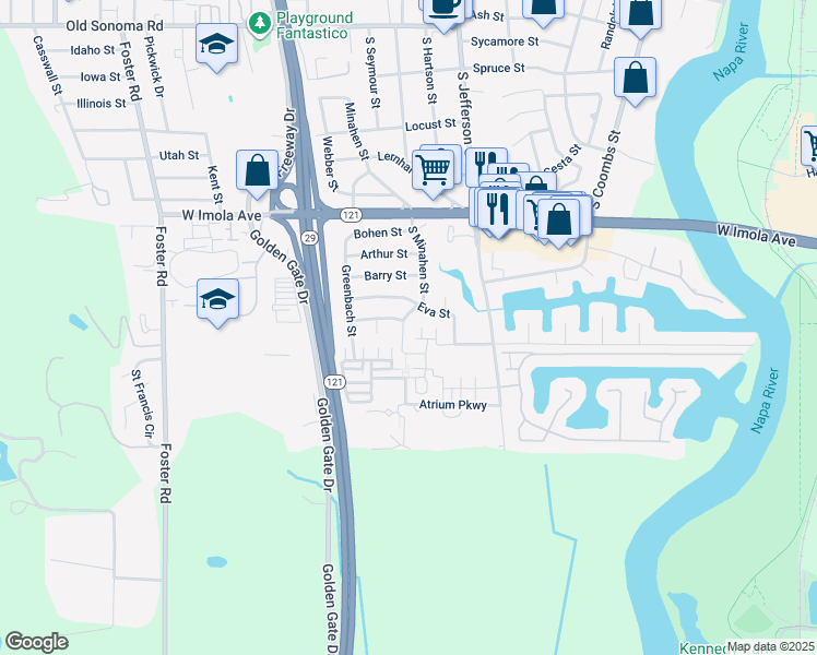 map of restaurants, bars, coffee shops, grocery stores, and more near 706 South Minahen Street in Napa