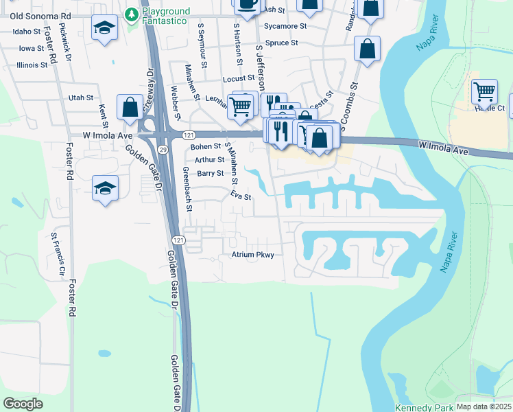 map of restaurants, bars, coffee shops, grocery stores, and more near 2152 Eva Street in Napa