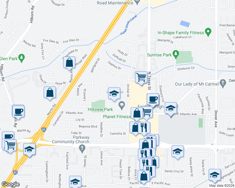 map of restaurants, bars, coffee shops, grocery stores, and more near 231 Larkspur Lane in Fairfield