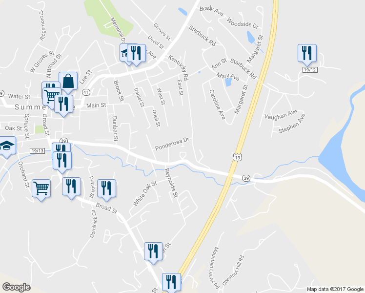 map of restaurants, bars, coffee shops, grocery stores, and more near 1001 Shady Street in Summersville