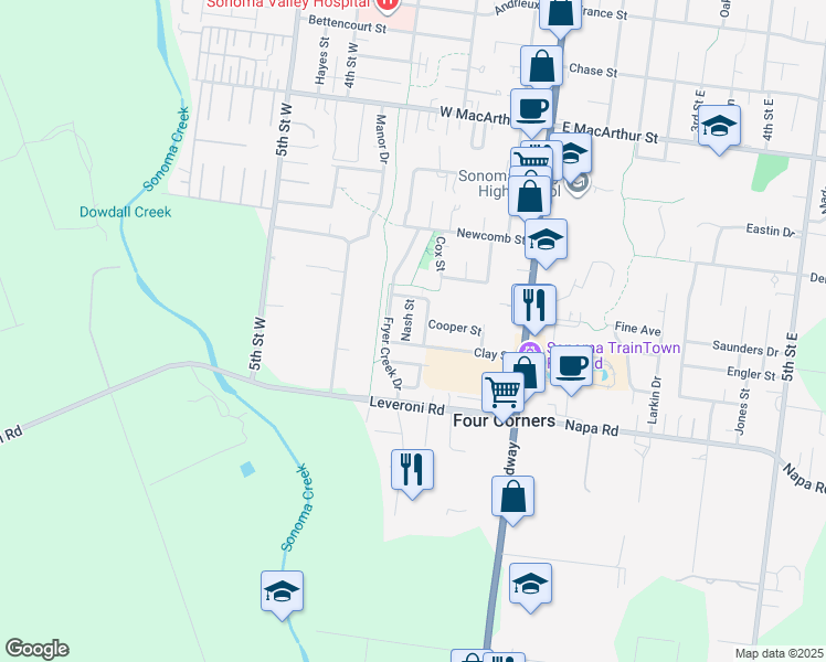 map of restaurants, bars, coffee shops, grocery stores, and more near 1274 Nash Street in Sonoma