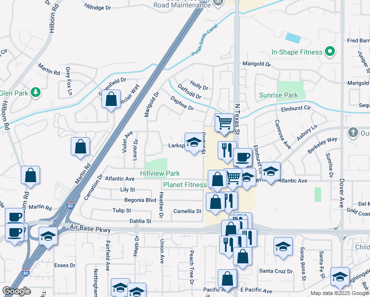 map of restaurants, bars, coffee shops, grocery stores, and more near 231 Larkspur Lane in Fairfield