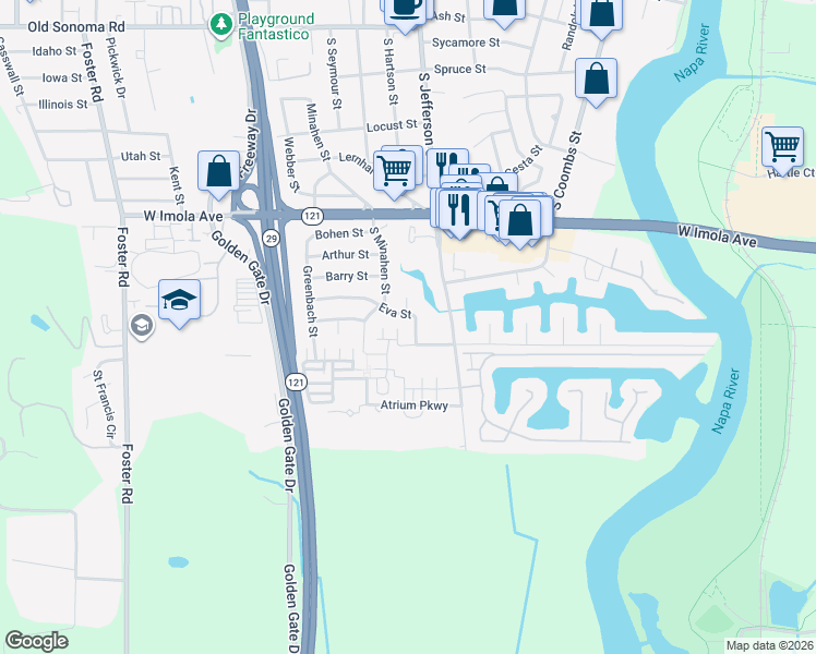 map of restaurants, bars, coffee shops, grocery stores, and more near 2175 Eva Street in Napa