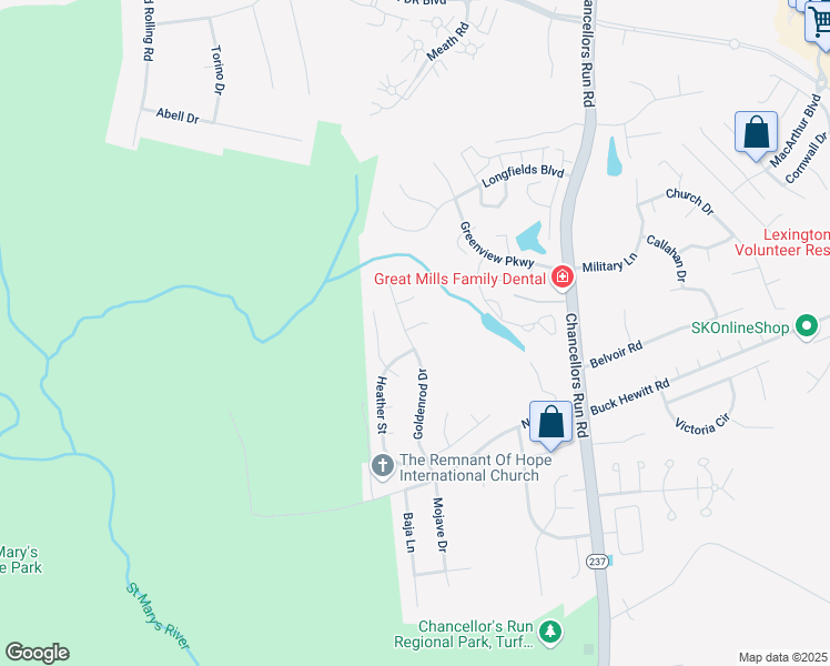 map of restaurants, bars, coffee shops, grocery stores, and more near 22266 Goldenrod Drive in Great Mills