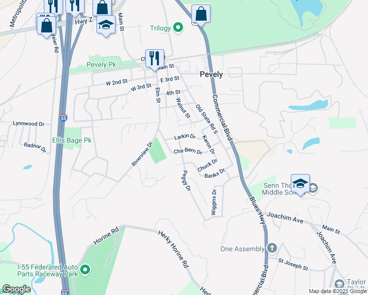 map of restaurants, bars, coffee shops, grocery stores, and more near 821 Cha-Bern Drive in Pevely