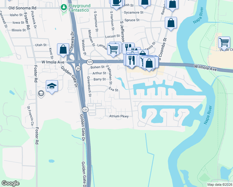 map of restaurants, bars, coffee shops, grocery stores, and more near 2175 Eva Street in Napa