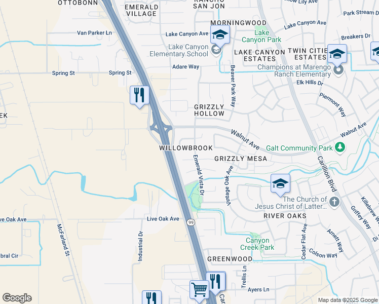 map of restaurants, bars, coffee shops, grocery stores, and more near 646 Willowgreen Circle in Galt