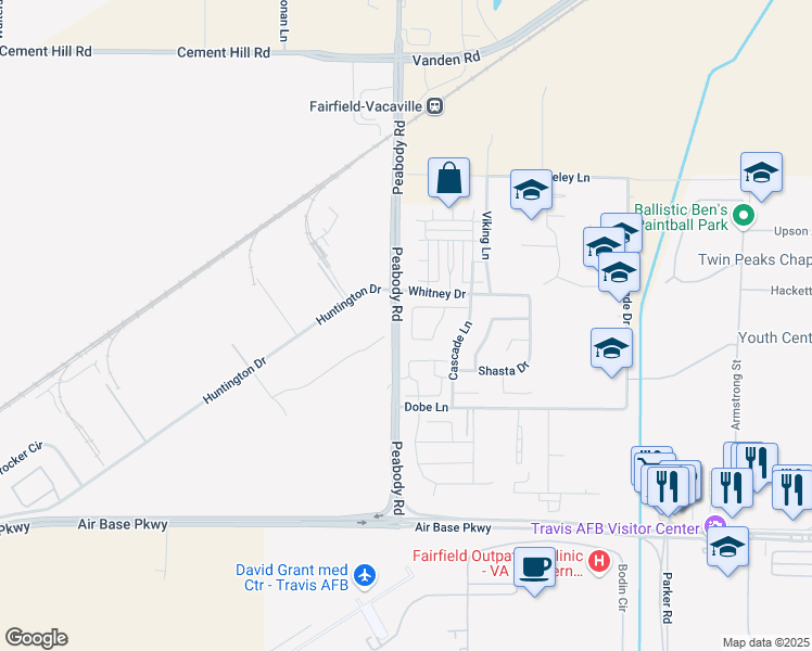 map of restaurants, bars, coffee shops, grocery stores, and more near 2917 Cascade Circle in Fairfield
