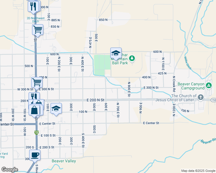 map of restaurants, bars, coffee shops, grocery stores, and more near 625 East 300 North Street in Beaver