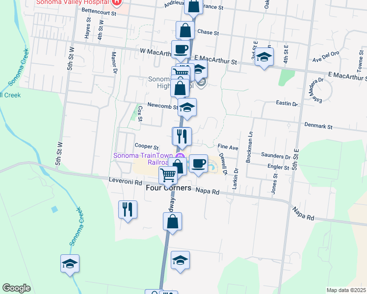 map of restaurants, bars, coffee shops, grocery stores, and more near 1247 California 12 in Sonoma