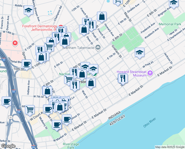 map of restaurants, bars, coffee shops, grocery stores, and more near 621 Mechanic Street in Jeffersonville