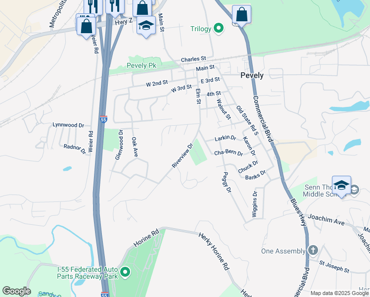 map of restaurants, bars, coffee shops, grocery stores, and more near 643 Riverview Drive in Pevely