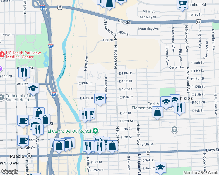 map of restaurants, bars, coffee shops, grocery stores, and more near 807 East 12th Street in Pueblo