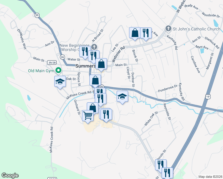 map of restaurants, bars, coffee shops, grocery stores, and more near 706 Arbuckle Road in Summersville