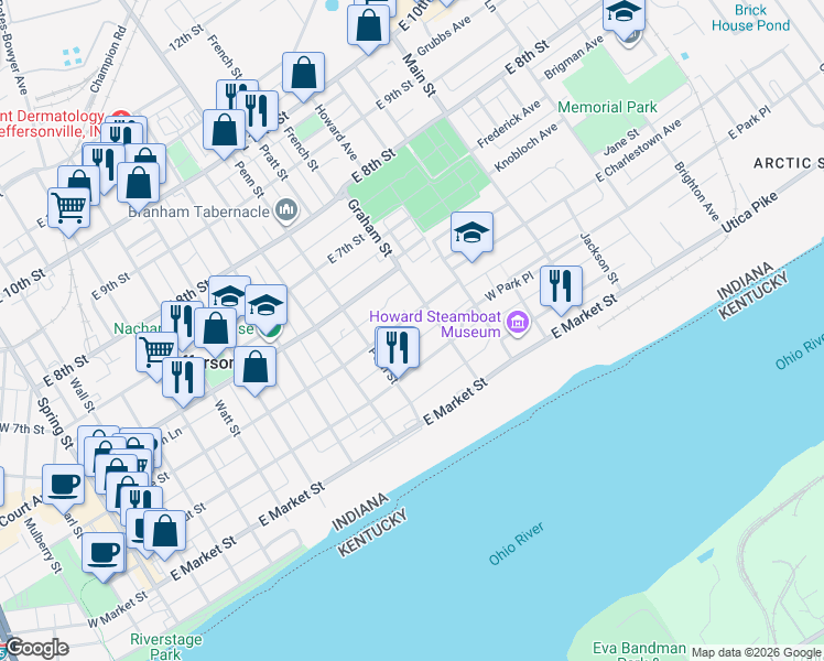 map of restaurants, bars, coffee shops, grocery stores, and more near 944 East Maple Street in Jeffersonville
