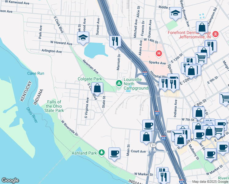 map of restaurants, bars, coffee shops, grocery stores, and more near 330 East Montgomery Avenue in Clarksville
