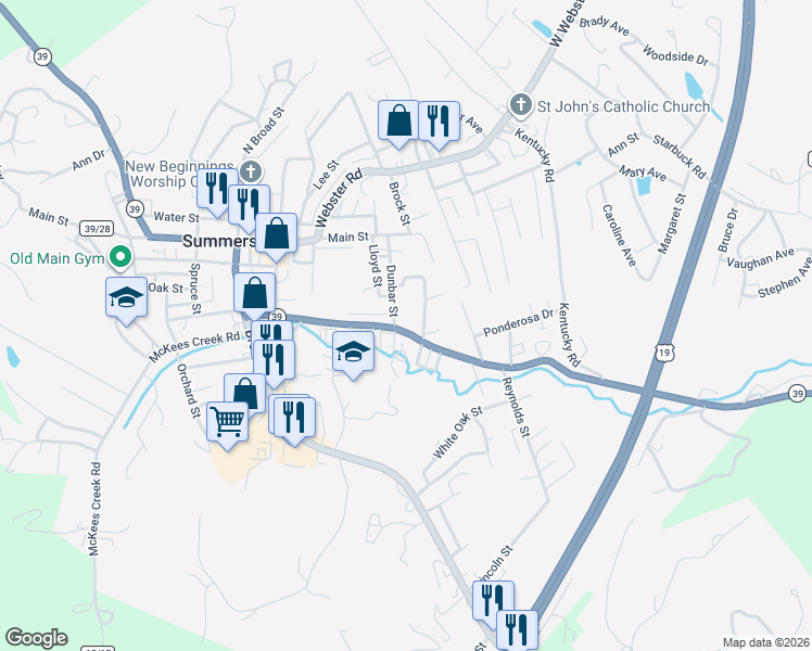 map of restaurants, bars, coffee shops, grocery stores, and more near 1009 Arbuckle Rd in Summersville