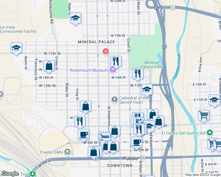 map of restaurants, bars, coffee shops, grocery stores, and more near 1226 North Greenwood Street in Pueblo