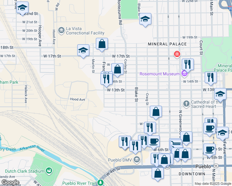 map of restaurants, bars, coffee shops, grocery stores, and more near 1212 Baxter Street in Pueblo