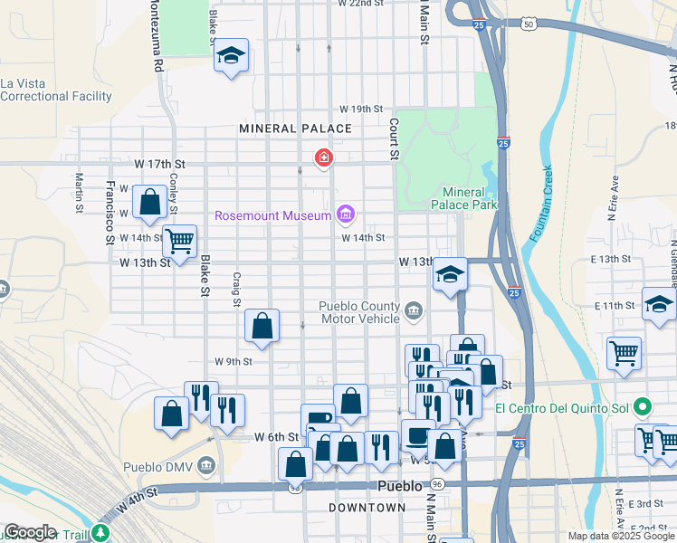 map of restaurants, bars, coffee shops, grocery stores, and more near 1226 North Greenwood Street in Pueblo
