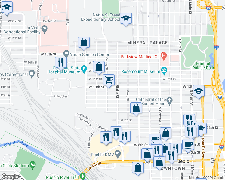 map of restaurants, bars, coffee shops, grocery stores, and more near 920 West 13th Street in Pueblo