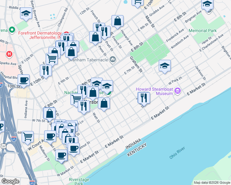map of restaurants, bars, coffee shops, grocery stores, and more near 719 East Court Avenue in Jeffersonville