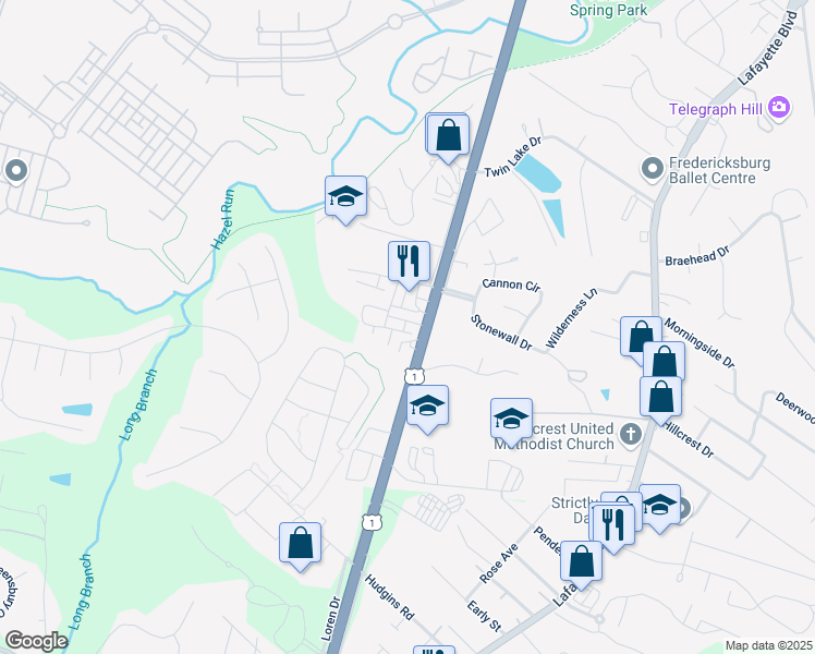 map of restaurants, bars, coffee shops, grocery stores, and more near 1006 Valley Run Drive in Fredericksburg