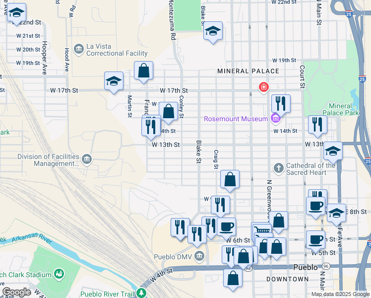 map of restaurants, bars, coffee shops, grocery stores, and more near 920 W 13th St in Pueblo
