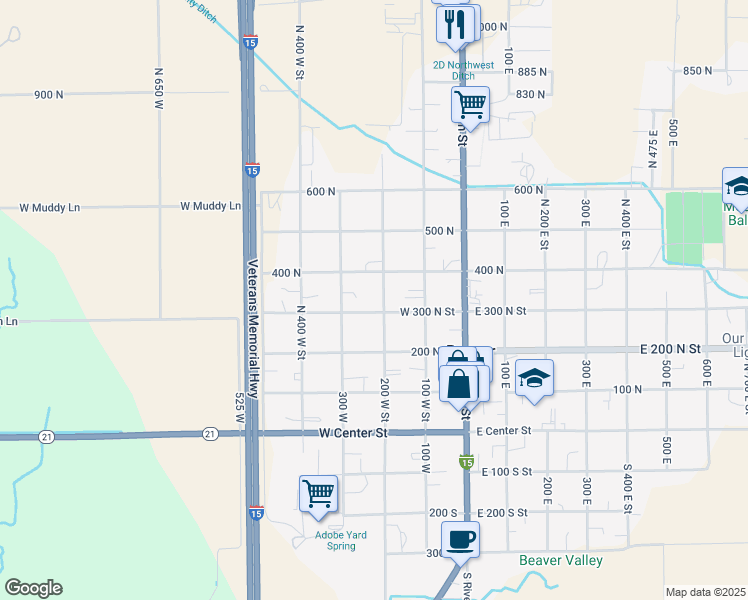 map of restaurants, bars, coffee shops, grocery stores, and more near 325 North 200 West Street in Beaver