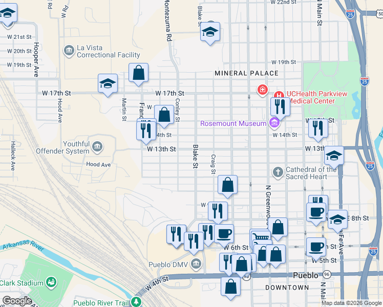 map of restaurants, bars, coffee shops, grocery stores, and more near 824 West 13th Street in Pueblo