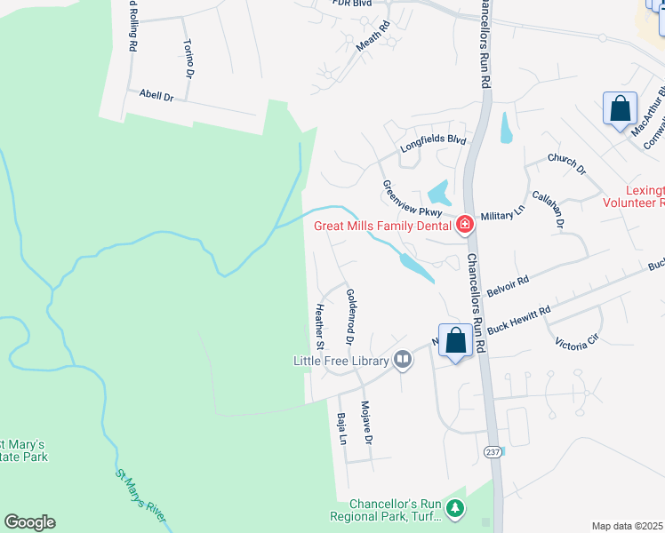 map of restaurants, bars, coffee shops, grocery stores, and more near 22275 Goldenrod Drive in Great Mills
