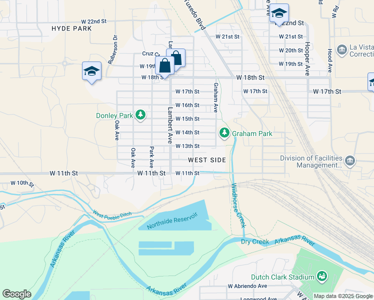 map of restaurants, bars, coffee shops, grocery stores, and more near 2104 West 13th Street in Pueblo