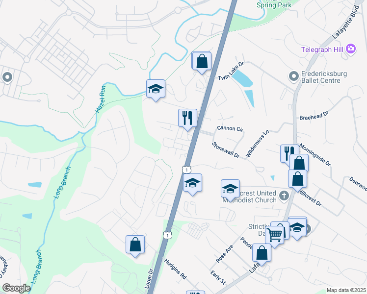 map of restaurants, bars, coffee shops, grocery stores, and more near 1006 Valley Run Drive in Fredericksburg