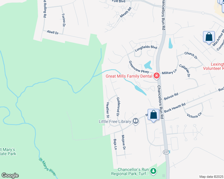 map of restaurants, bars, coffee shops, grocery stores, and more near 22275 Goldenrod Drive in Great Mills