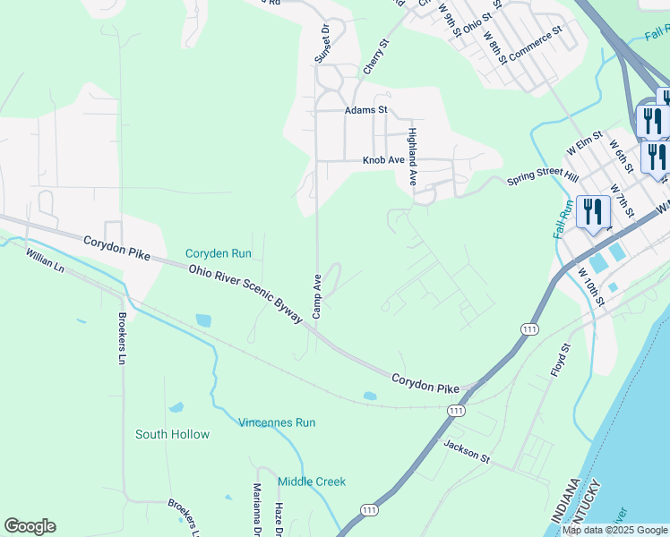 map of restaurants, bars, coffee shops, grocery stores, and more near 216 Shady Drive in New Albany