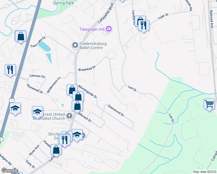 map of restaurants, bars, coffee shops, grocery stores, and more near 300 Braehead Drive in Fredericksburg