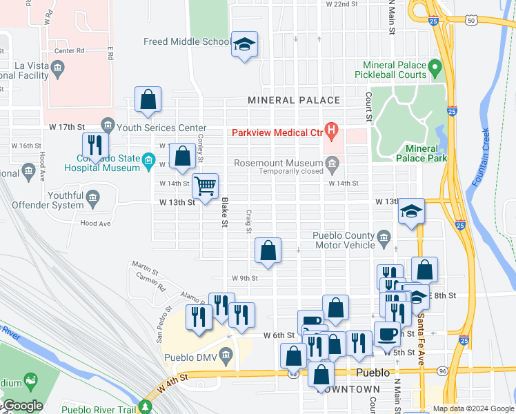 map of restaurants, bars, coffee shops, grocery stores, and more near 722 West 13th Street in Pueblo