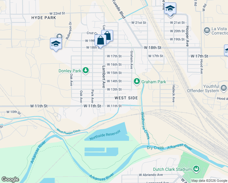 map of restaurants, bars, coffee shops, grocery stores, and more near 2104 West 13th Street in Pueblo